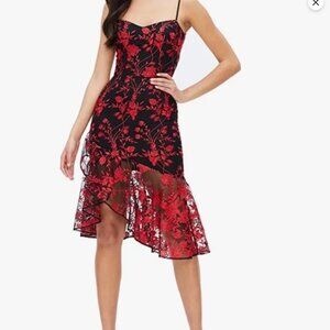 Dress the Population Black Midi Dress with Red Floral Embroidery